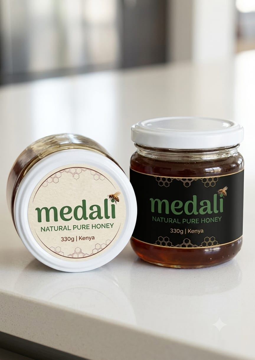 Medali honey jars on a kitchen counter